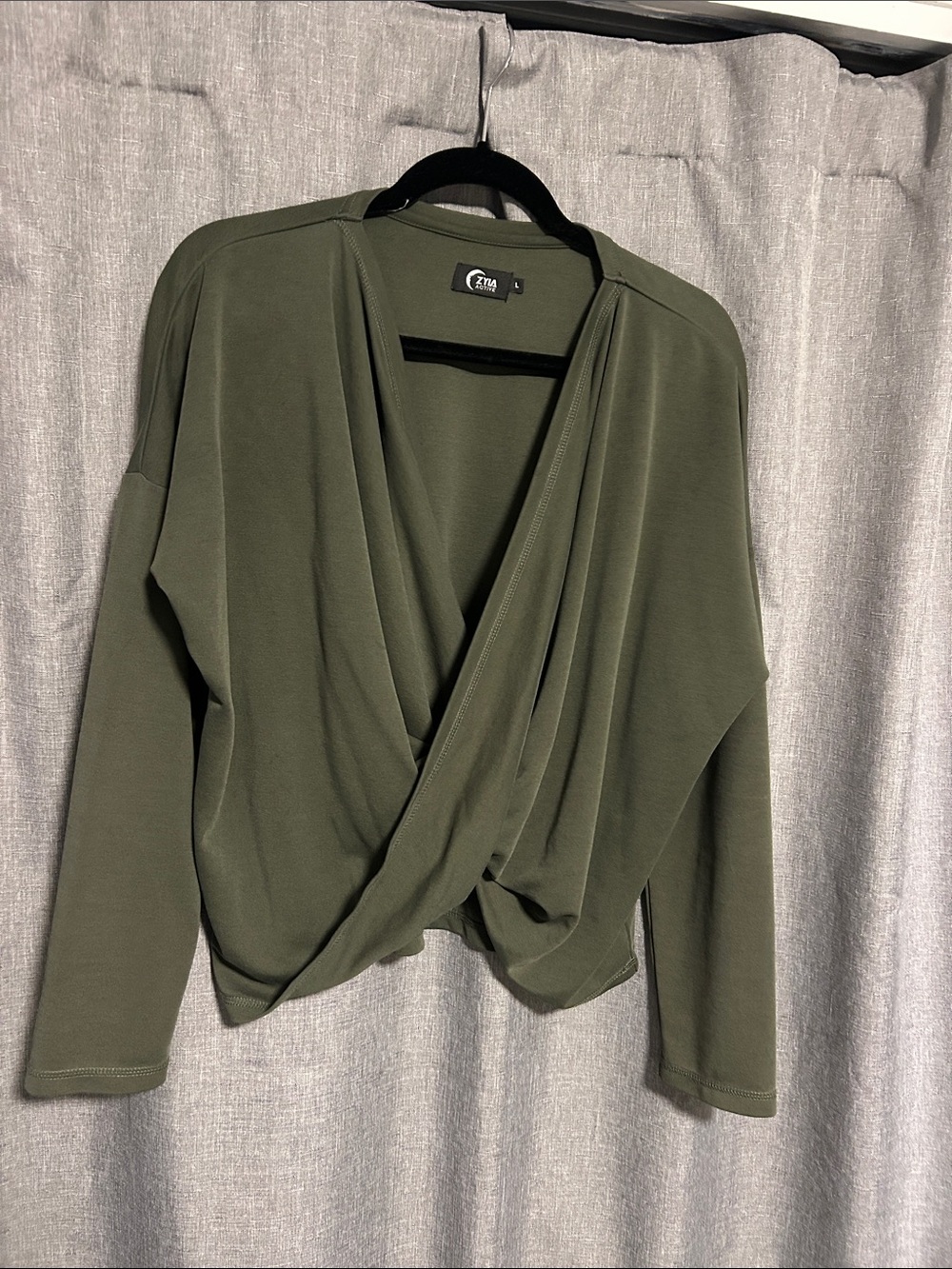 Zyia Draped Wrap-Front Long Sleeve Top — Olive Green